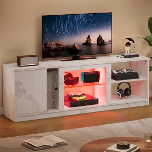 63-Inch LED TV Stand for 70/55/65 Inch TV, White Gaming Entertainment Center with Cabinet, Modern Media TV Console with Adjustable Glass Shelves for Living Room, Bedroom, PS5, Xbox