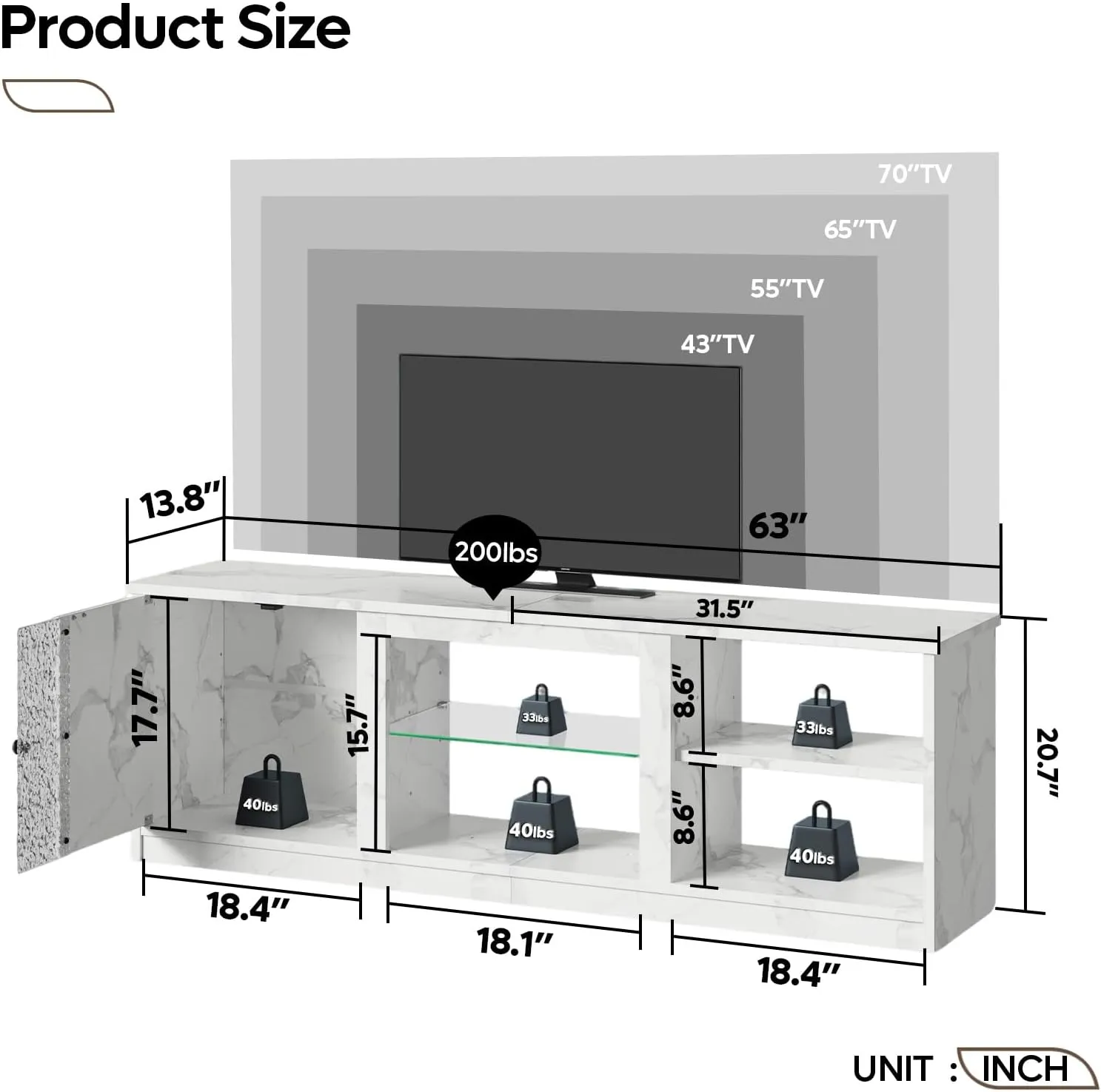 63-Inch LED TV Stand for 70/55/65 Inch TV, White Gaming Entertainment Center with Cabinet, Modern Media TV Console with Adjustable Glass Shelves for Living Room, Bedroom, PS5, Xbox