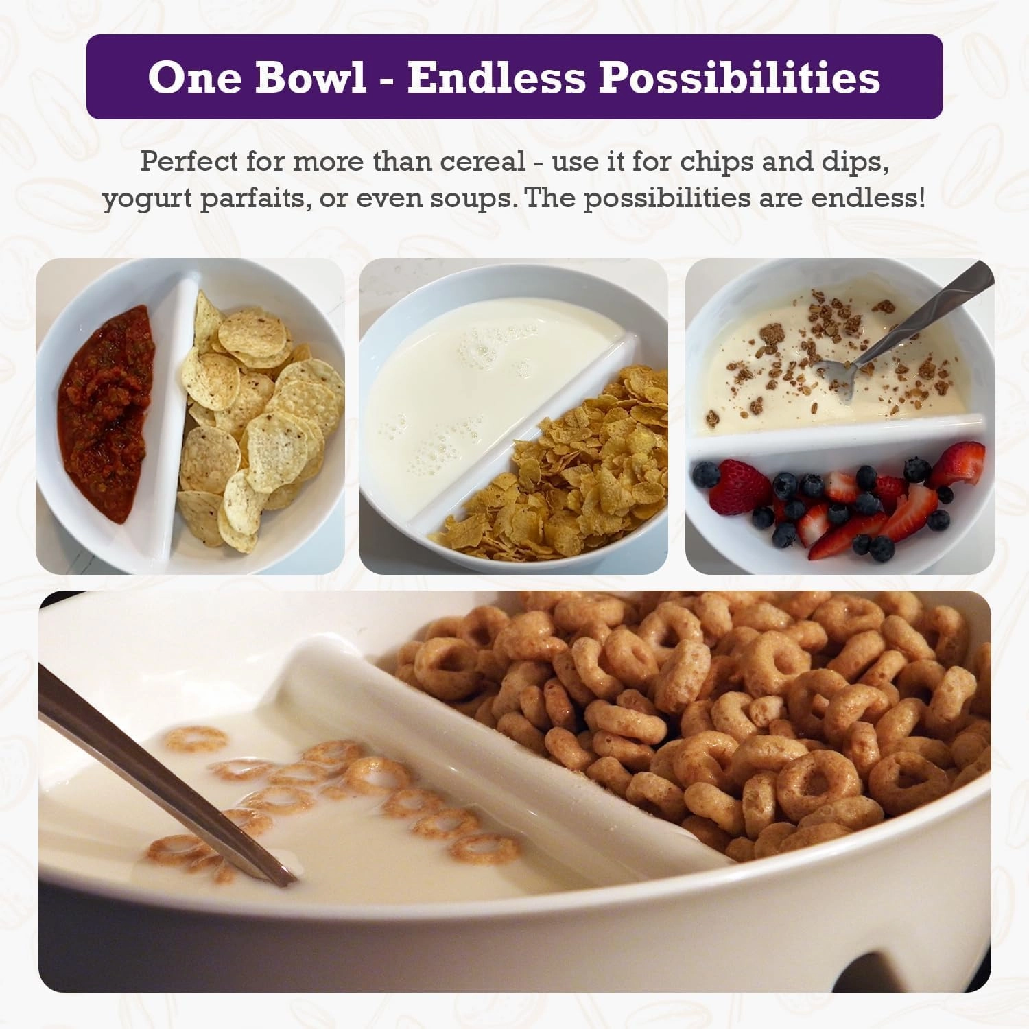 6 Pack - Just Crunch Anti-Soggy Cereal Bowl - Keeps Cereal Fresh & Crunchy | BPA Free | Microwave Safe | Ice Cream & Topping, Yogurt & Berries, Fries & Ketchup and More – White