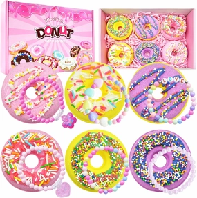 6 Pieces Donut Bath Bombs Gift Set for Kids - Scented Spa Bath Ball Fizzies with Surprise Bracelets Inside, Essential Oils, Moisturizing Bath Treats, Doughnut Princess Party Favors for Girls Women