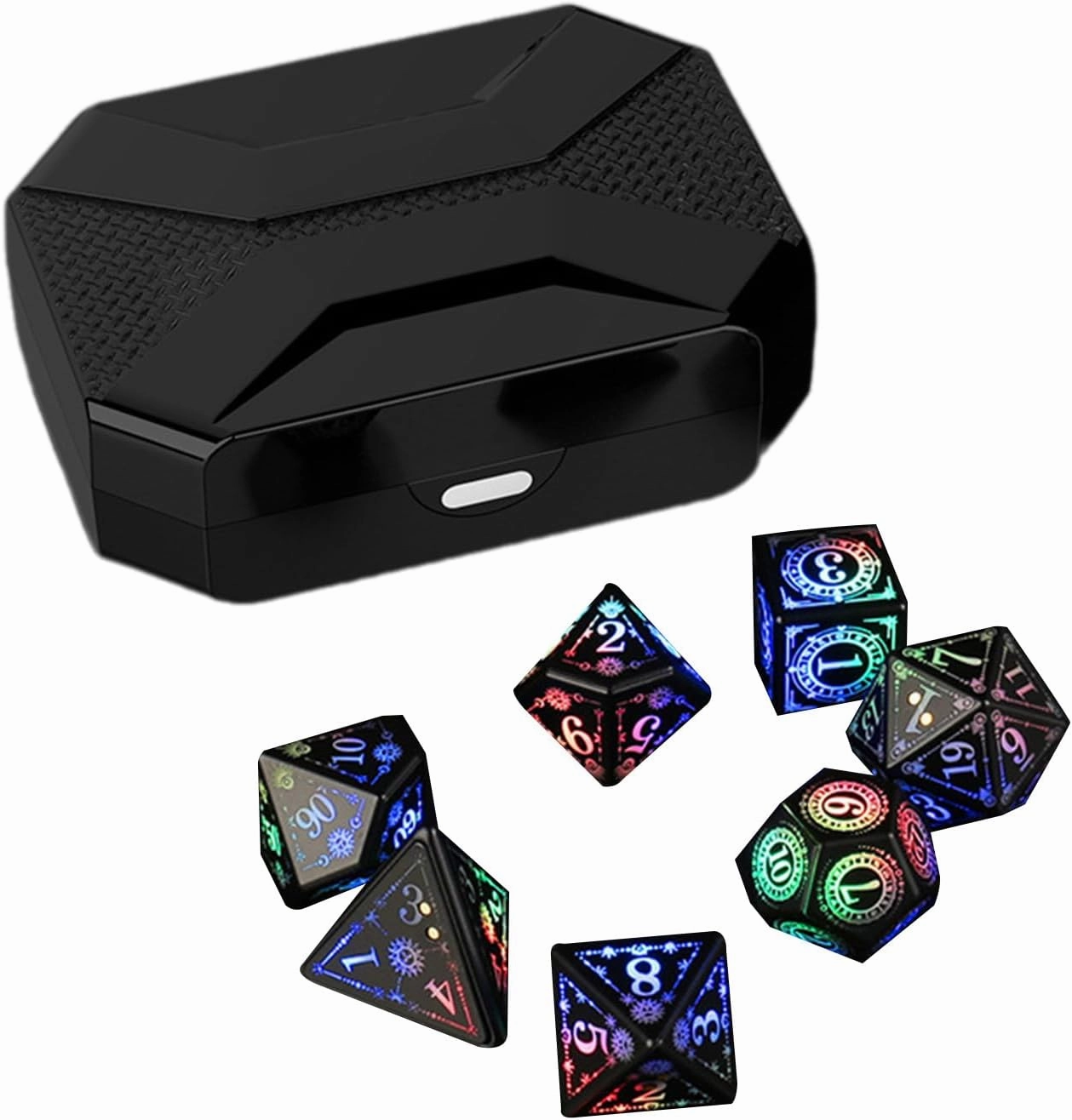 7Pcs Rechargable Glowing Polyhedral Dices LED Colorful Light Electronic Dices with Charging Box Table Game Dices