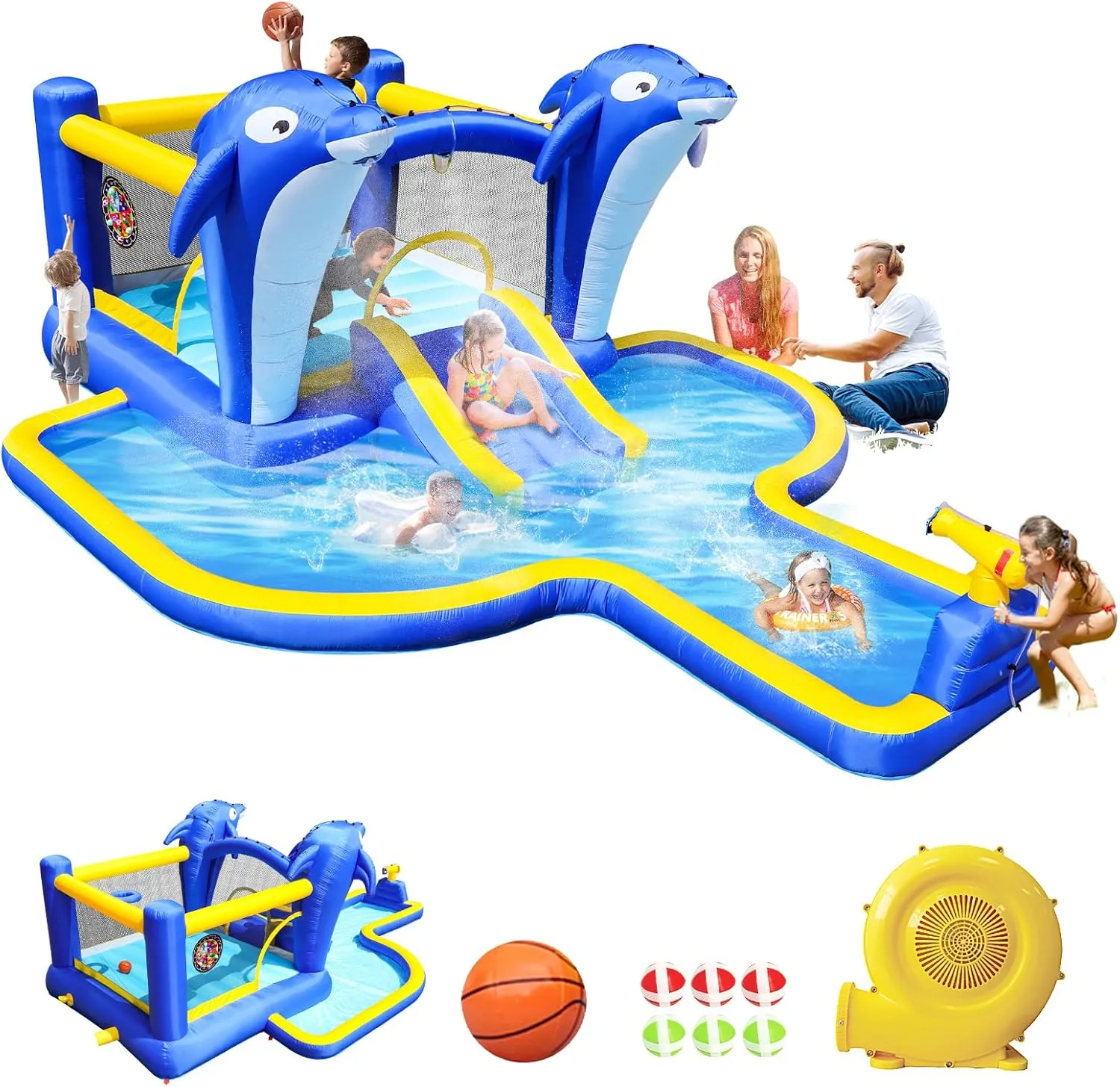 8-in-1 Inflatable Water Park, Bouncer with Splash Pool, Slide, Basketball Hoop, Sprinkler, Darts Game, Water Cannon, Complete Outdoor Set