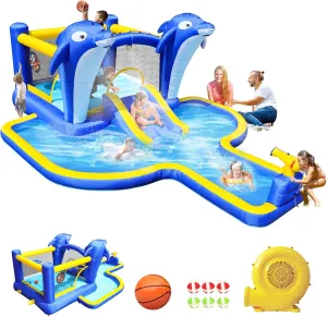 8-in-1 Inflatable Water Park, Bouncer with Splash Pool, Slide, Basketball Hoop, Sprinkler, Darts Game, Water Cannon, Complete Outdoor Set