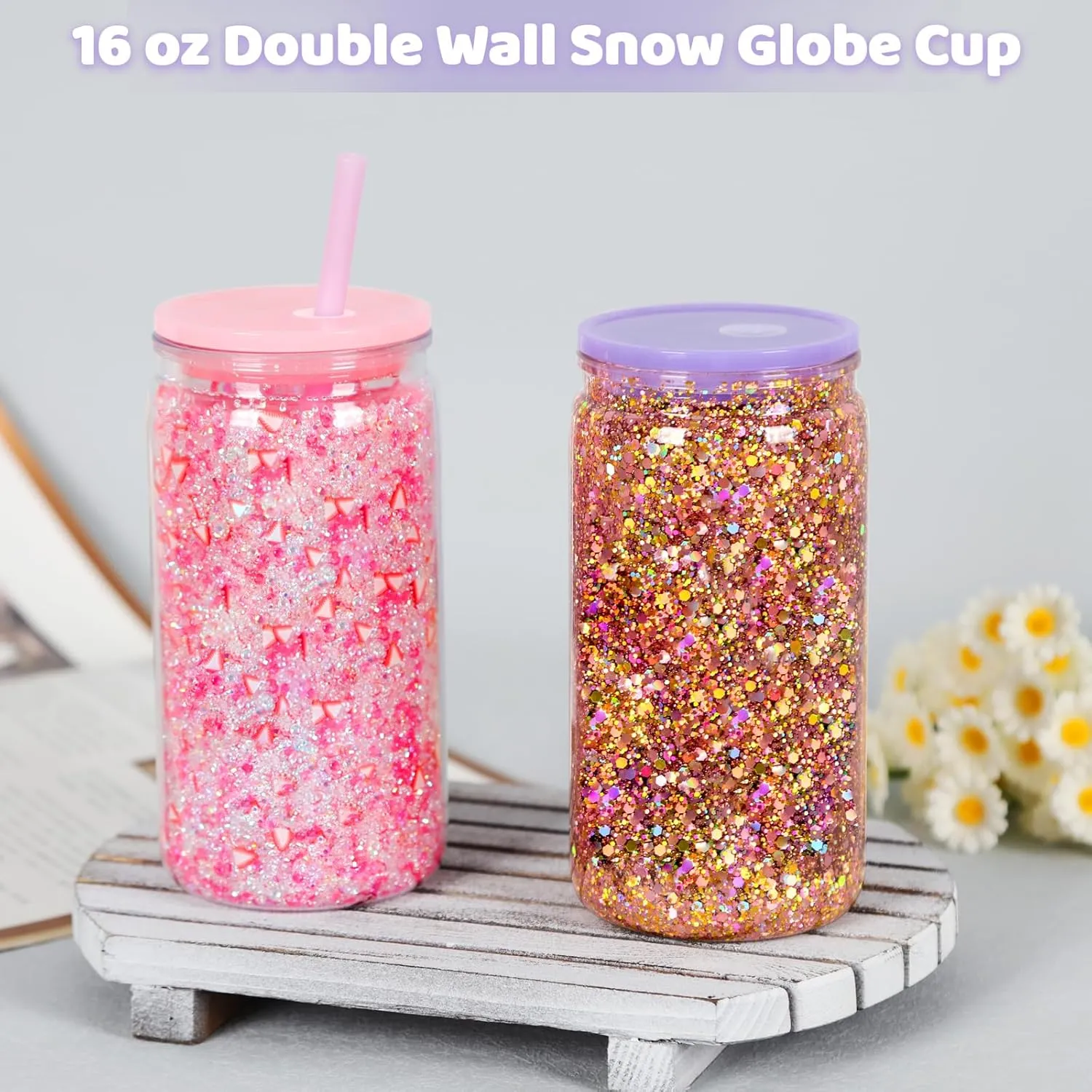 8 Pack Snow Globe Tumbler, 16 Oz Double Wall Plastic Can With Lid and Straw, Mason Jar Mug for DIY Glitter Gift (Mixed Colors)