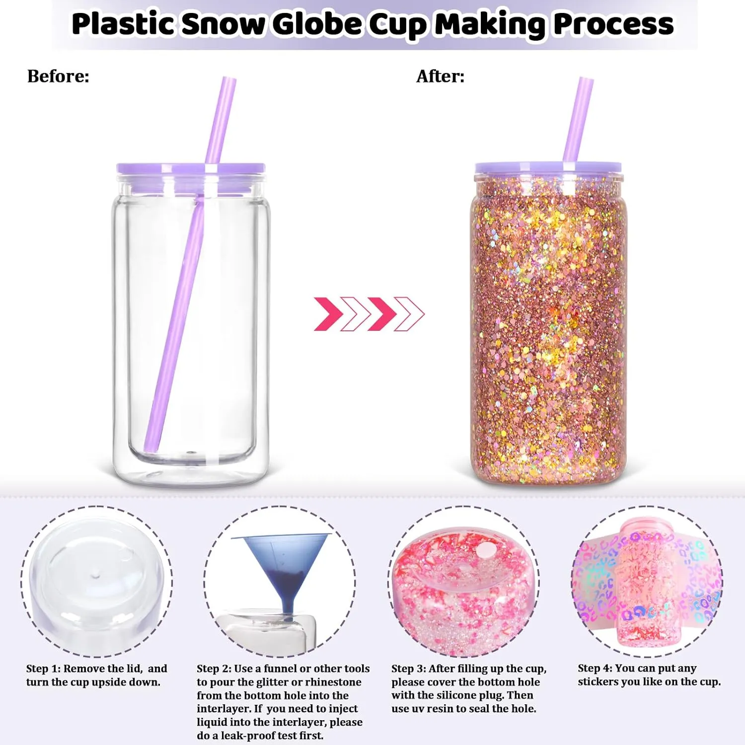 8 Pack Snow Globe Tumbler, 16 Oz Double Wall Plastic Can With Lid and Straw, Mason Jar Mug for DIY Glitter Gift (Mixed Colors)