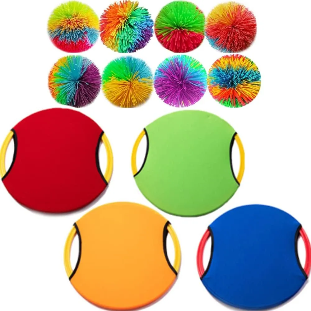 8 Packs of Monkey String Balls, Sizes of 2.7 inches, 7 cm in Diameter ,Fidget Stress Balls, Rainbow Pom Bouncing Balls and Fun Party Games Monkey String Koosh Balls with 4 X Paddles