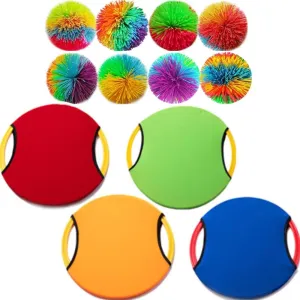 8 Packs of Monkey String Balls, Sizes of 2.7 inches, 7 cm in Diameter ,Fidget Stress Balls, Rainbow Pom Bouncing Balls and Fun Party Games Monkey String Koosh Balls with 4 X Paddles