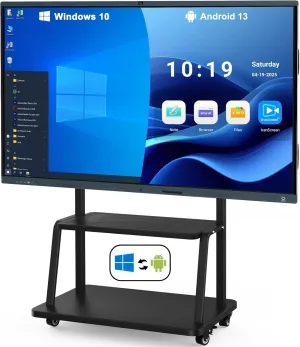 86 Inch Electronic Whiteboard, 4K Touch Screen All in One Smartboard, Built in Dual System Windows 10&Android, Smart board for Classroom and Business with Camera (Board Movable Stand Min PC)