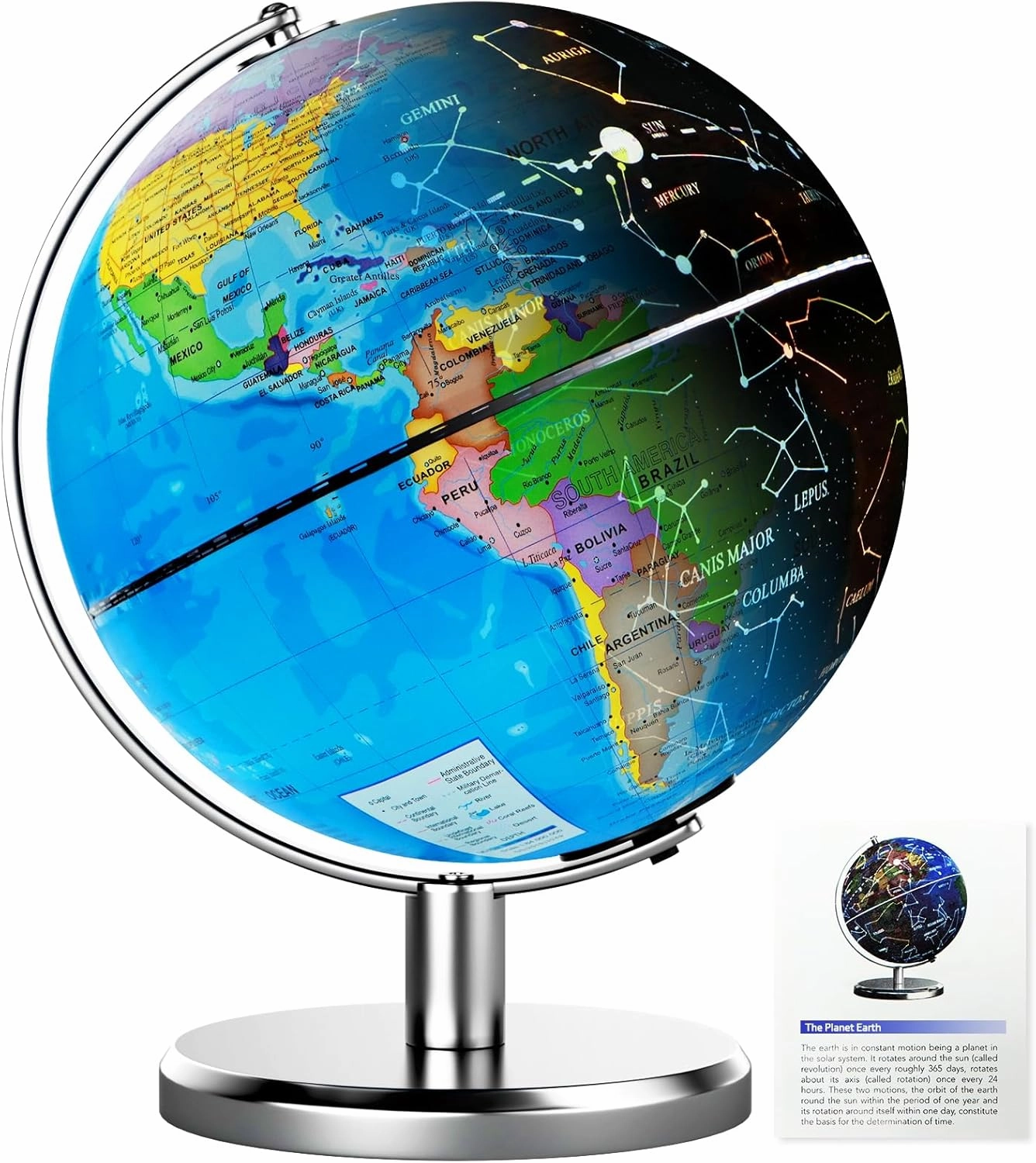 8'' Illuminated World Globe with Constellation Night Light, Easy to Read HD Text Educational Earth Globe for Children with Heavy Stand, Student Kids Geography Gift