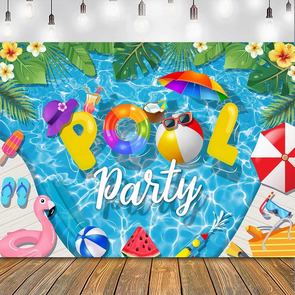 8x6 ft Pool Party Backdrop Summer Beach Birthday Decorations Background Hawaiian Flamingo Ball Photography Banner for Holiday Kids Baby Shower Swimming Party Gift Supplies