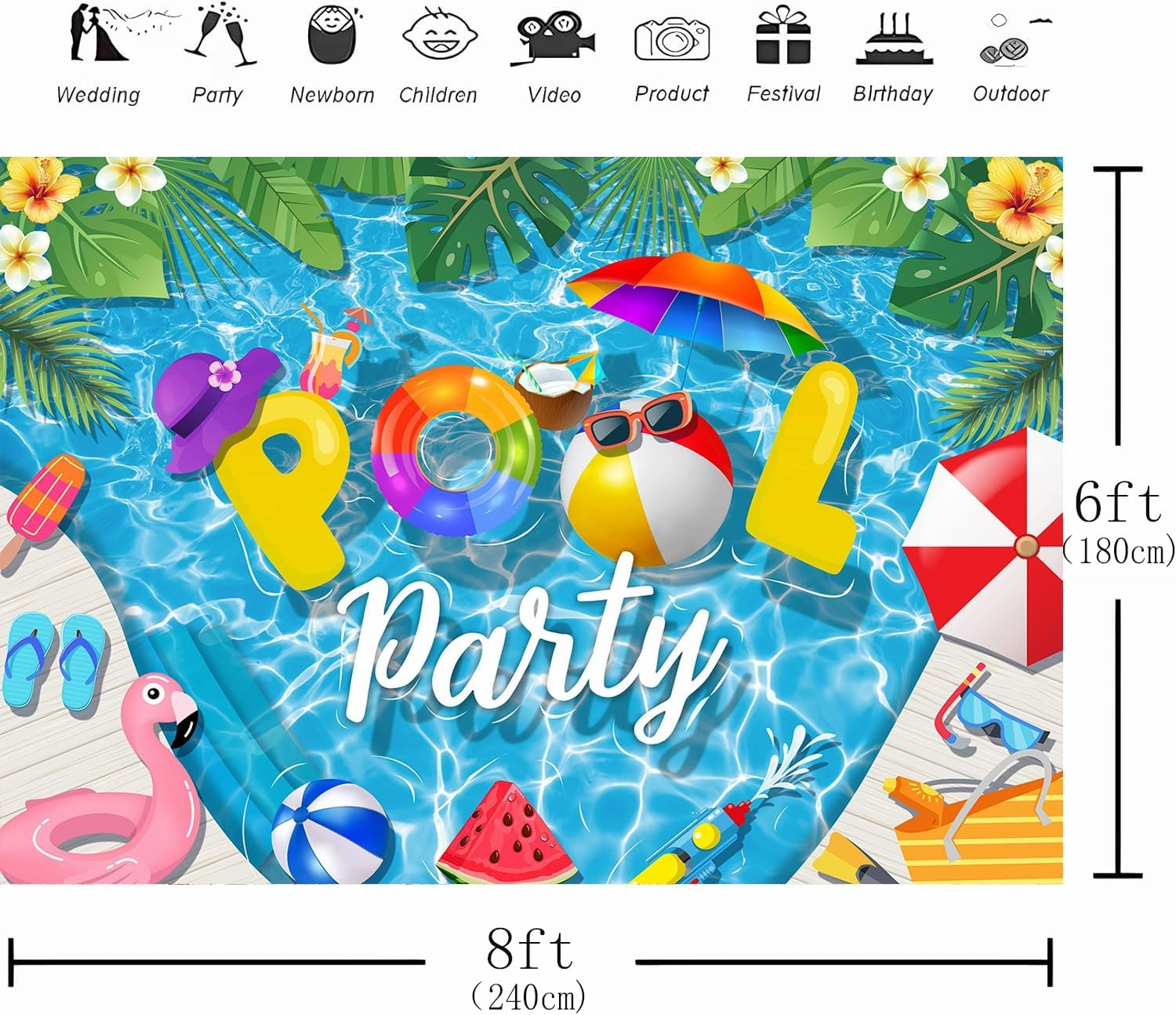 8x6 ft Pool Party Backdrop Summer Beach Birthday Decorations Background Hawaiian Flamingo Ball Photography Banner for Holiday Kids Baby Shower Swimming Party Gift Supplies