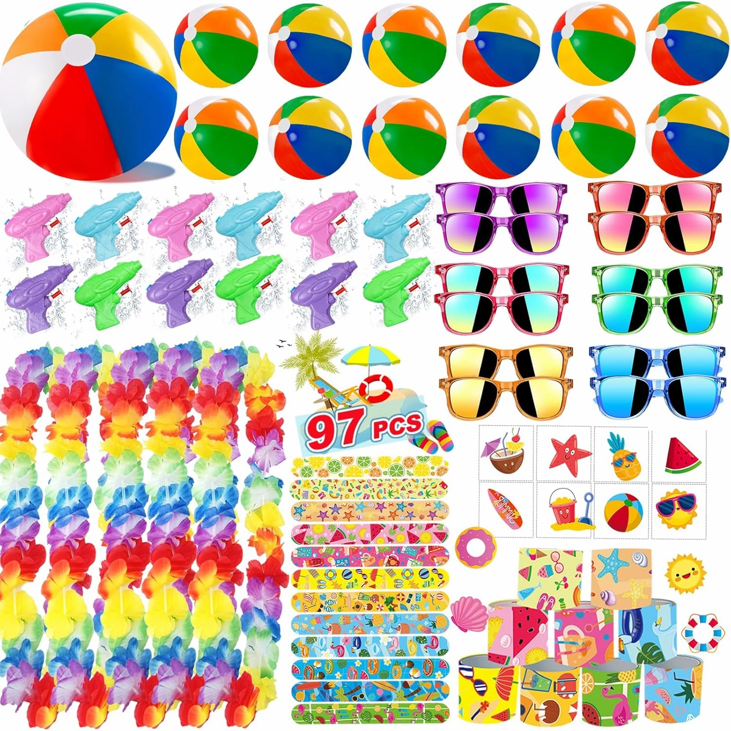 97 PCS Pool Beach Party Favors,Tropical Swimming Pool Party Favors,Summer Party Decorations with Beach Balls,Hawaiian Leis,Kids Sunglasses,for Beach Party Birthday Supplies