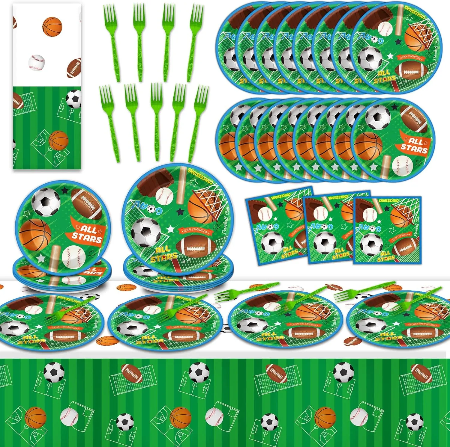98PCS Sports Party Tableware Superstar Party Tableware Set All Star Birthday Baseball Football Soccer Basketball Disposable Tablecloths for Boy Birthday Party Decoration Supplies Favors 24 Guests