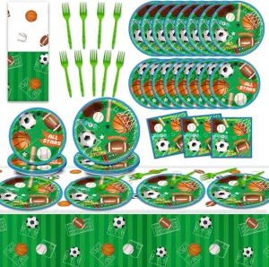 98PCS Sports Party Tableware Superstar Party Tableware Set All Star Birthday Baseball Football Soccer Basketball Disposable Tablecloths for Boy Birthday Party Decoration Supplies Favors 24 Guests