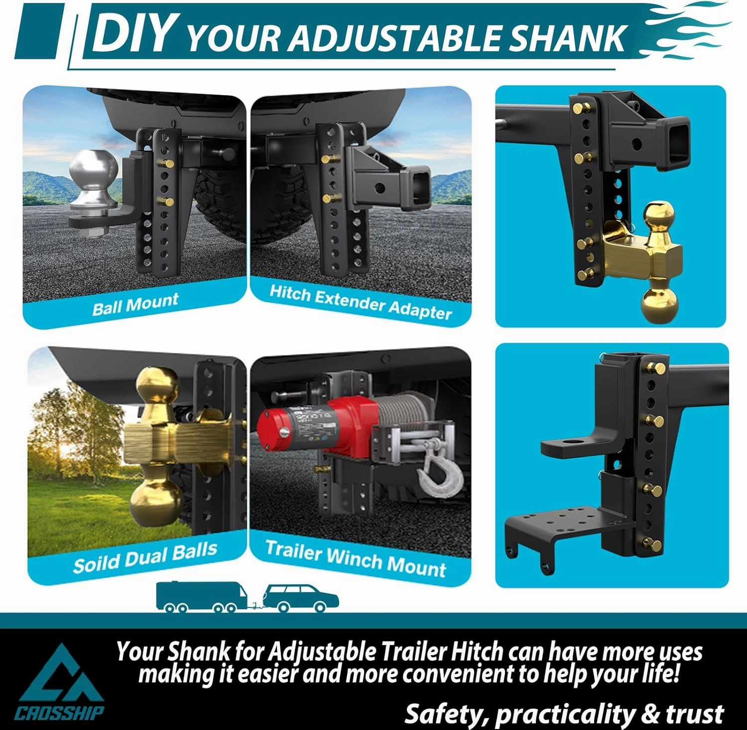 #99002 Adjustable Trailer Hitch Mount, Tow Hitch with 1" Hole, Drop/Rise, 5000 Lbs Towing Capacity with 2 Pins for Pickups Vans SUV Campers Boat（Only Suit CROSSHIP Shank Tube