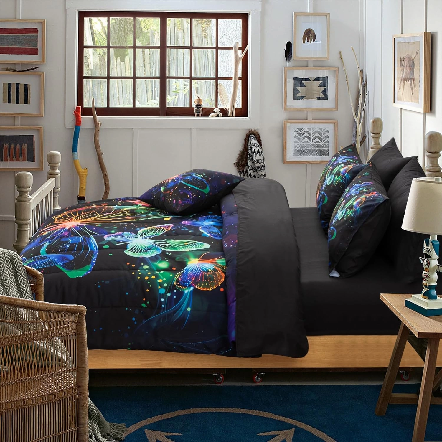 A Nice Night Galaxy Bedding Sets,3D Butterfly Flying in Space Printed,Glitter Butterflies 6pcs Bed in a Bag Full Comforter Set, for Girls Boys Kids Teens