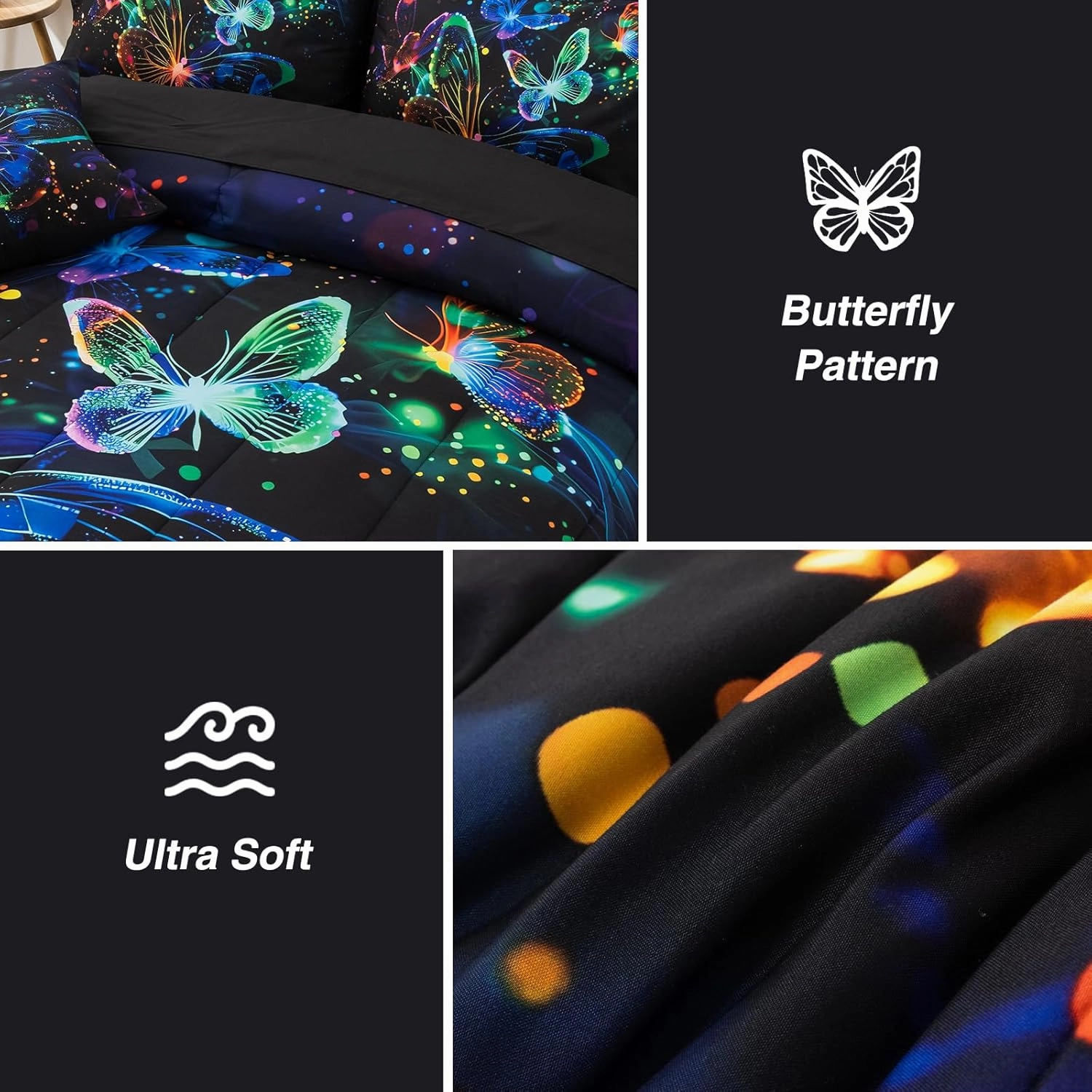 A Nice Night Galaxy Bedding Sets,3D Butterfly Flying in Space Printed,Glitter Butterflies 6pcs Bed in a Bag Full Comforter Set, for Girls Boys Kids Teens