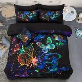 A Nice Night Galaxy Bedding Sets,3D Butterfly Flying in Space Printed,Glitter Butterflies 6pcs Bed in a Bag Full Comforter Set, for Girls Boys Kids Teens