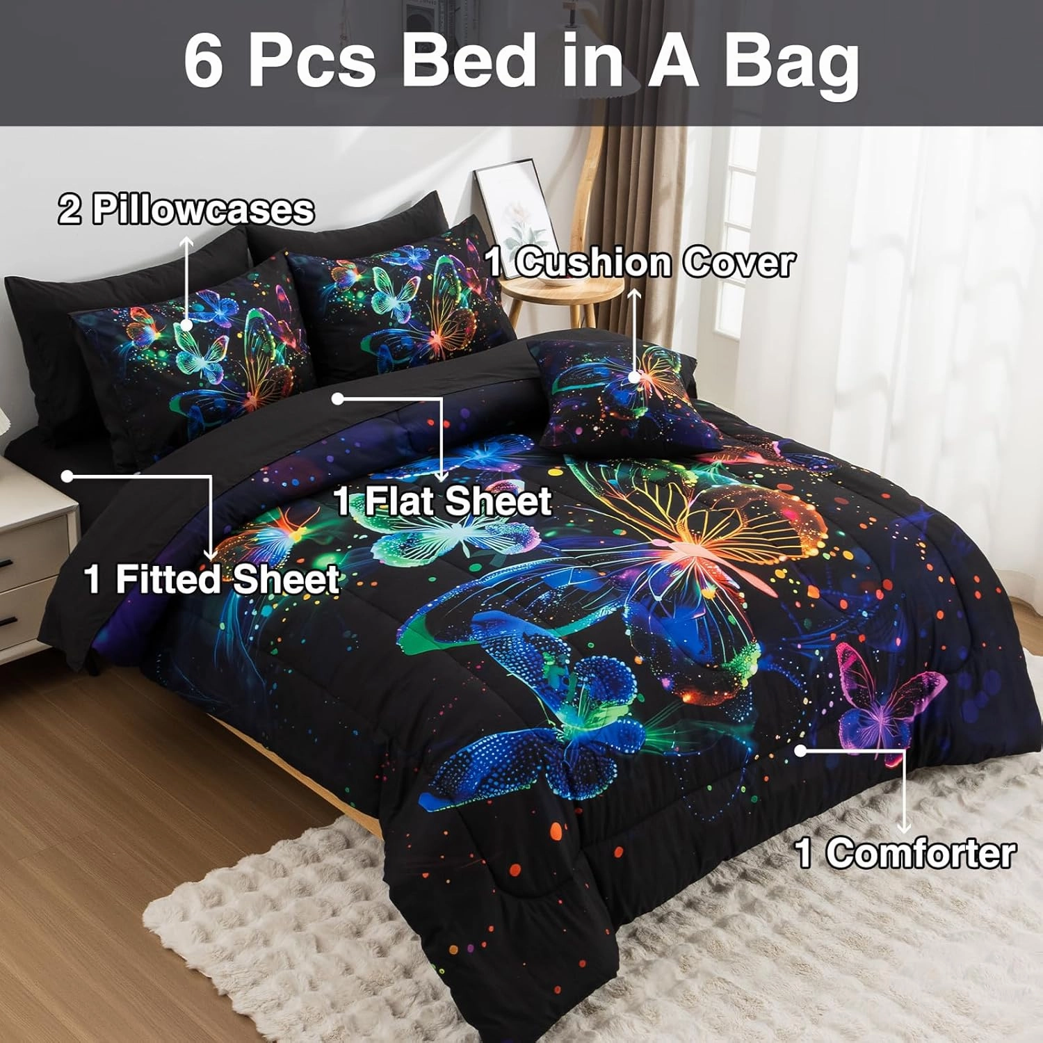 A Nice Night Galaxy Bedding Sets,3D Butterfly Flying in Space Printed,Glitter Butterflies 6pcs Bed in a Bag Full Comforter Set, for Girls Boys Kids Teens