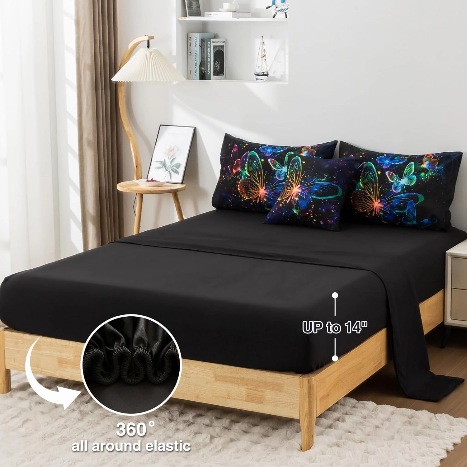 A Nice Night Galaxy Bedding Sets,3D Butterfly Flying in Space Printed,Glitter Butterflies 6pcs Bed in a Bag Full Comforter Set, for Girls Boys Kids Teens