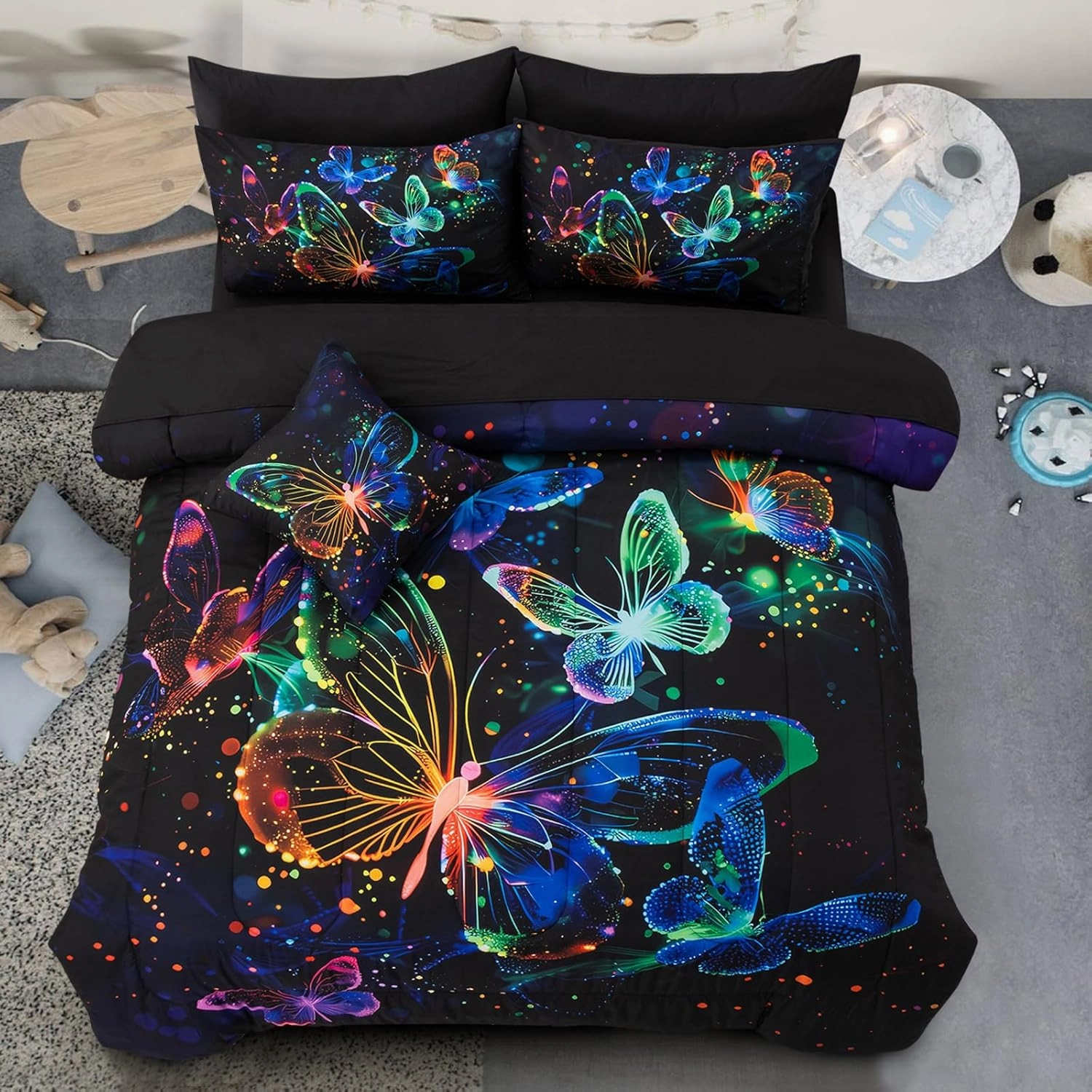 A Nice Night Galaxy Bedding Sets,3D Butterfly Flying in Space Printed,Glitter Butterflies 6pcs Bed in a Bag Full Comforter Set, for Girls Boys Kids Teens