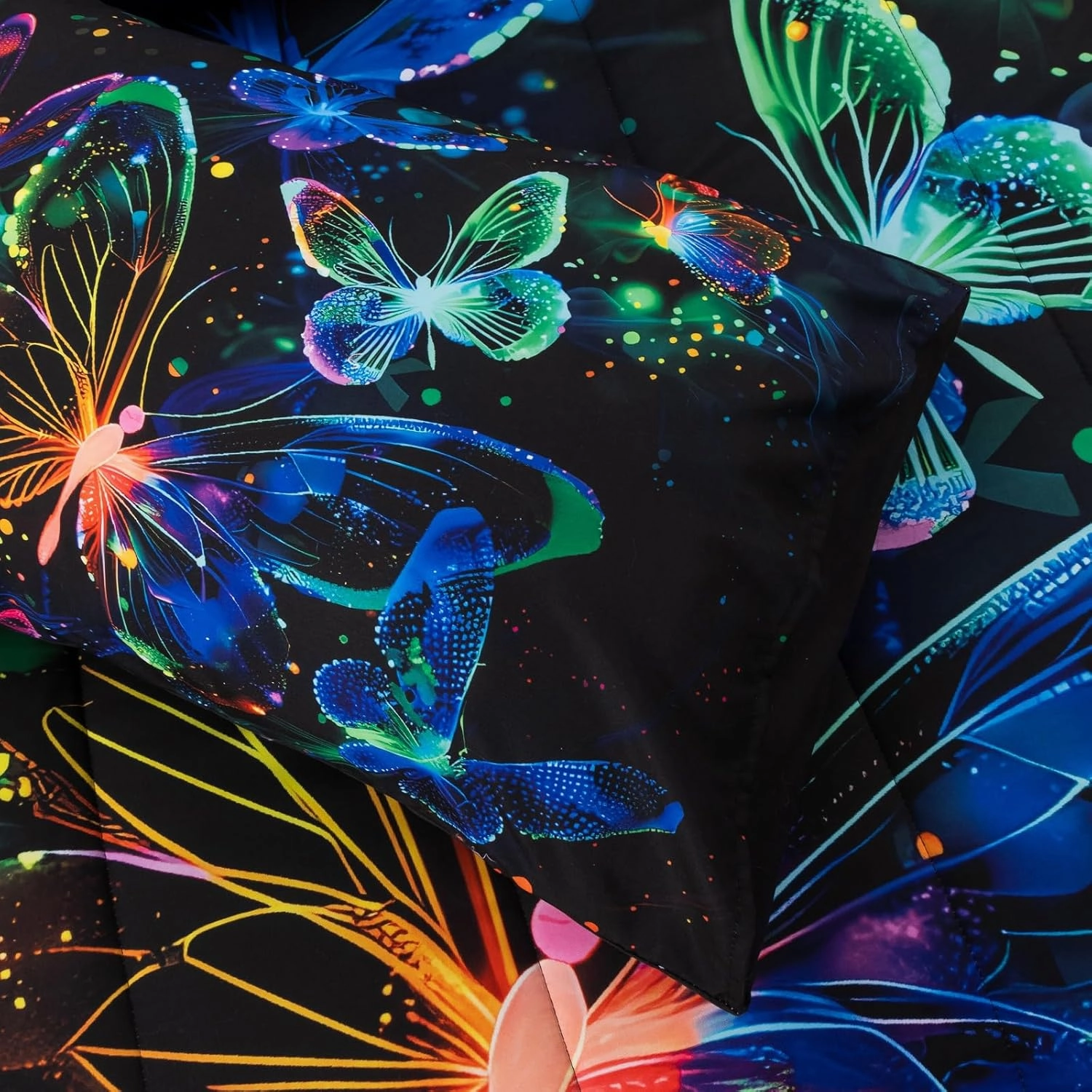 A Nice Night Galaxy Bedding Sets,3D Butterfly Flying in Space Printed,Glitter Butterflies 6pcs Bed in a Bag Full Comforter Set, for Girls Boys Kids Teens
