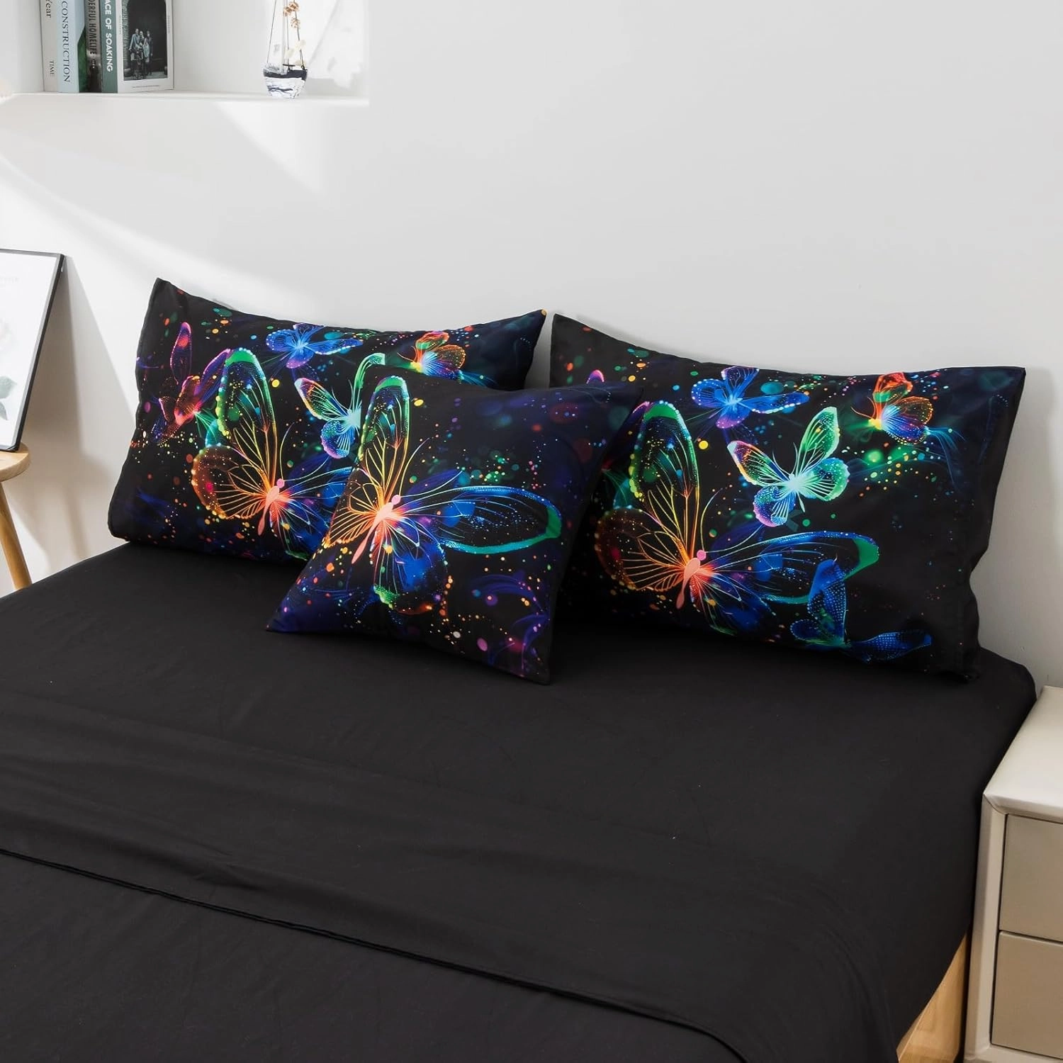 A Nice Night Galaxy Bedding Sets,3D Butterfly Flying in Space Printed,Glitter Butterflies 6pcs Bed in a Bag Full Comforter Set, for Girls Boys Kids Teens