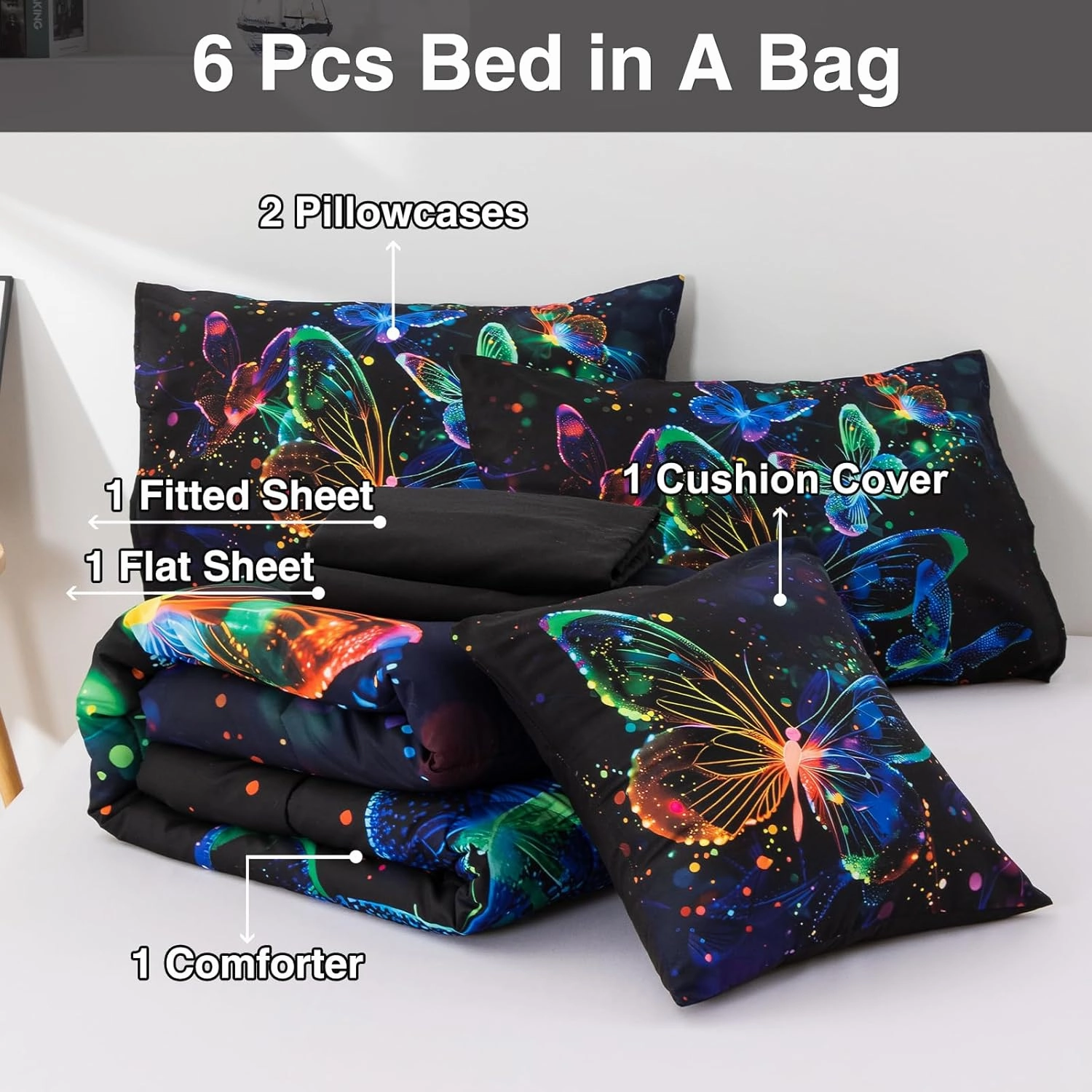 A Nice Night Galaxy Bedding Sets,3D Butterfly Flying in Space Printed,Glitter Butterflies 6pcs Bed in a Bag Full Comforter Set, for Girls Boys Kids Teens