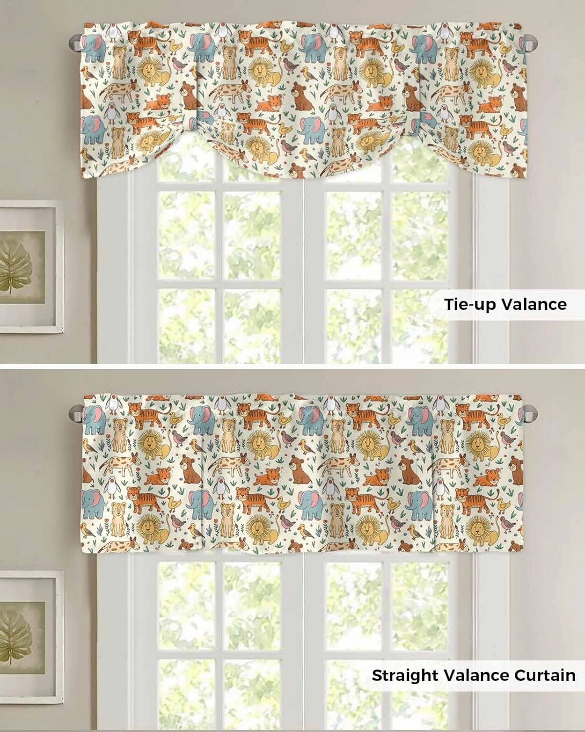 Abstract Cartoon Elephant Tiger Lion Cat Bear Tie Up Valance Curtains, Animal Focus Kitchen Light Filtering Window Treatments with 3-inch Rod Pocket for Living Room,Bedroom,42x12In
