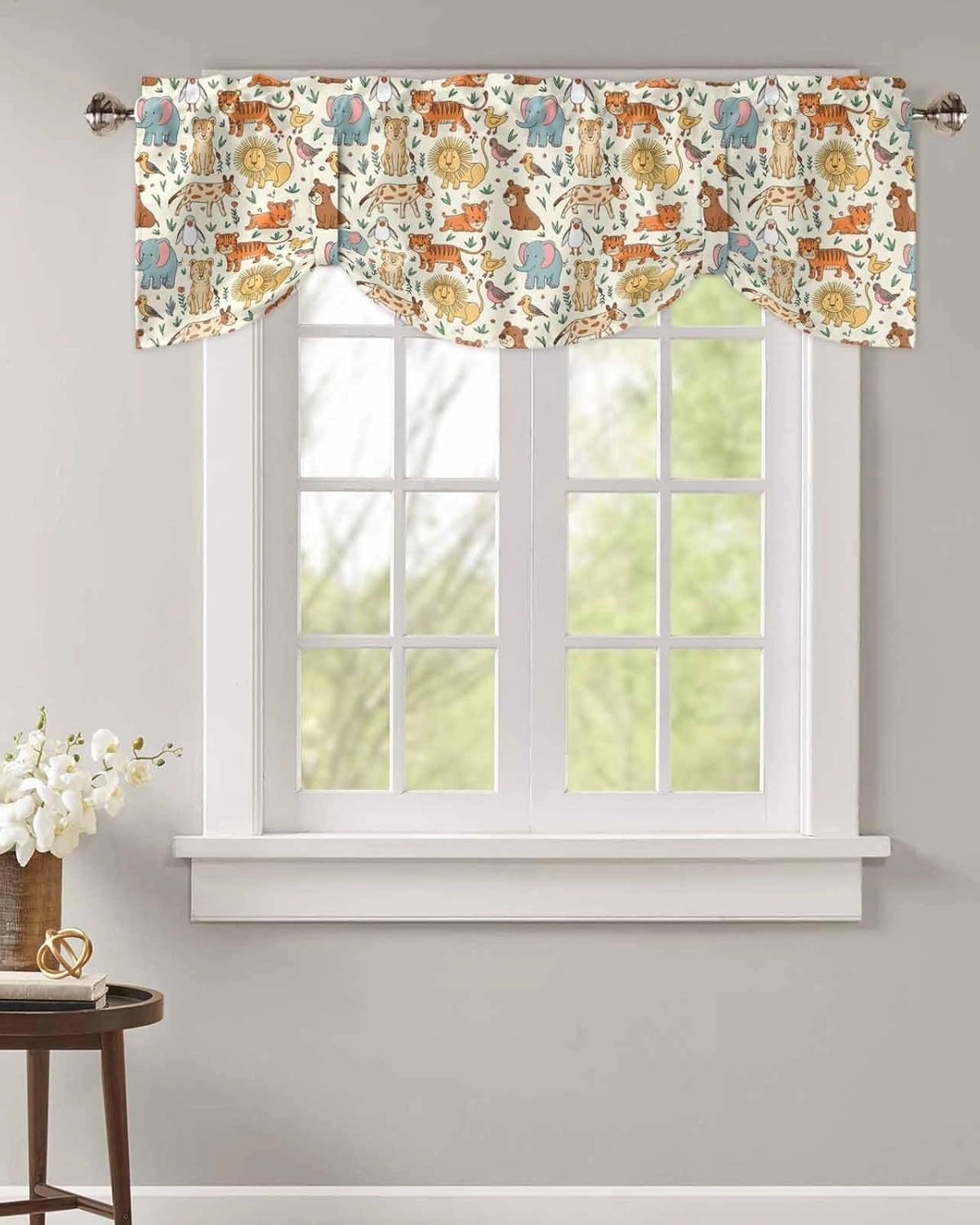 Abstract Cartoon Elephant Tiger Lion Cat Bear Tie Up Valance Curtains, Animal Focus Kitchen Light Filtering Window Treatments with 3-inch Rod Pocket for Living Room,Bedroom,42x12In