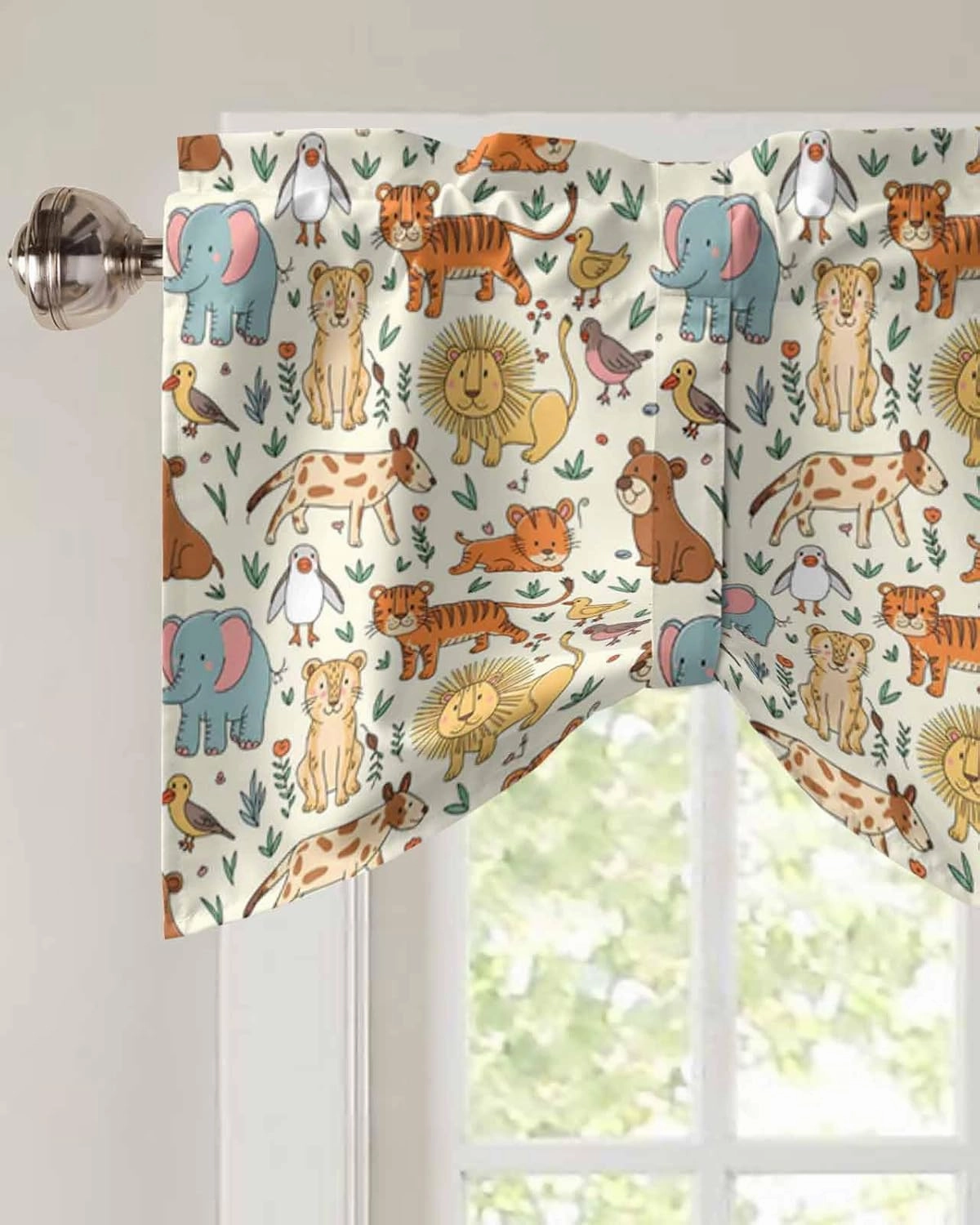 Abstract Cartoon Elephant Tiger Lion Cat Bear Tie Up Valance Curtains, Animal Focus Kitchen Light Filtering Window Treatments with 3-inch Rod Pocket for Living Room,Bedroom,42x12In