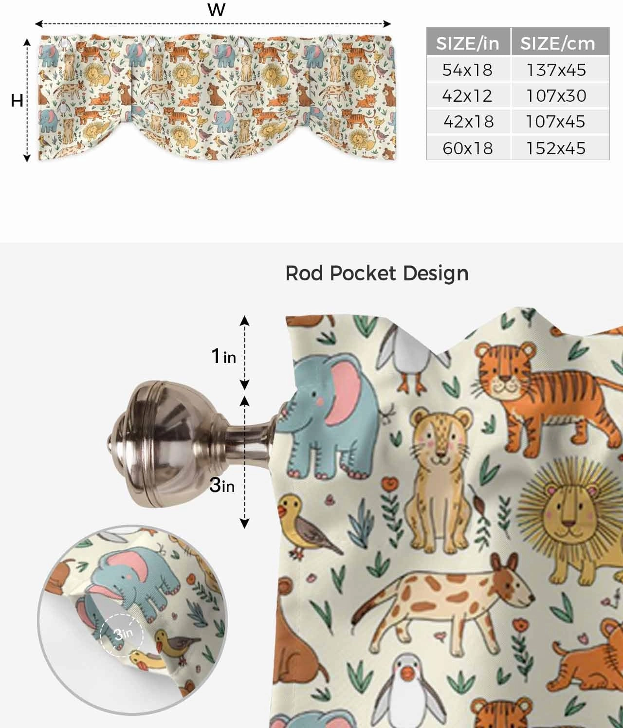 Abstract Cartoon Elephant Tiger Lion Cat Bear Tie Up Valance Curtains, Animal Focus Kitchen Light Filtering Window Treatments with 3-inch Rod Pocket for Living Room,Bedroom,42x12In