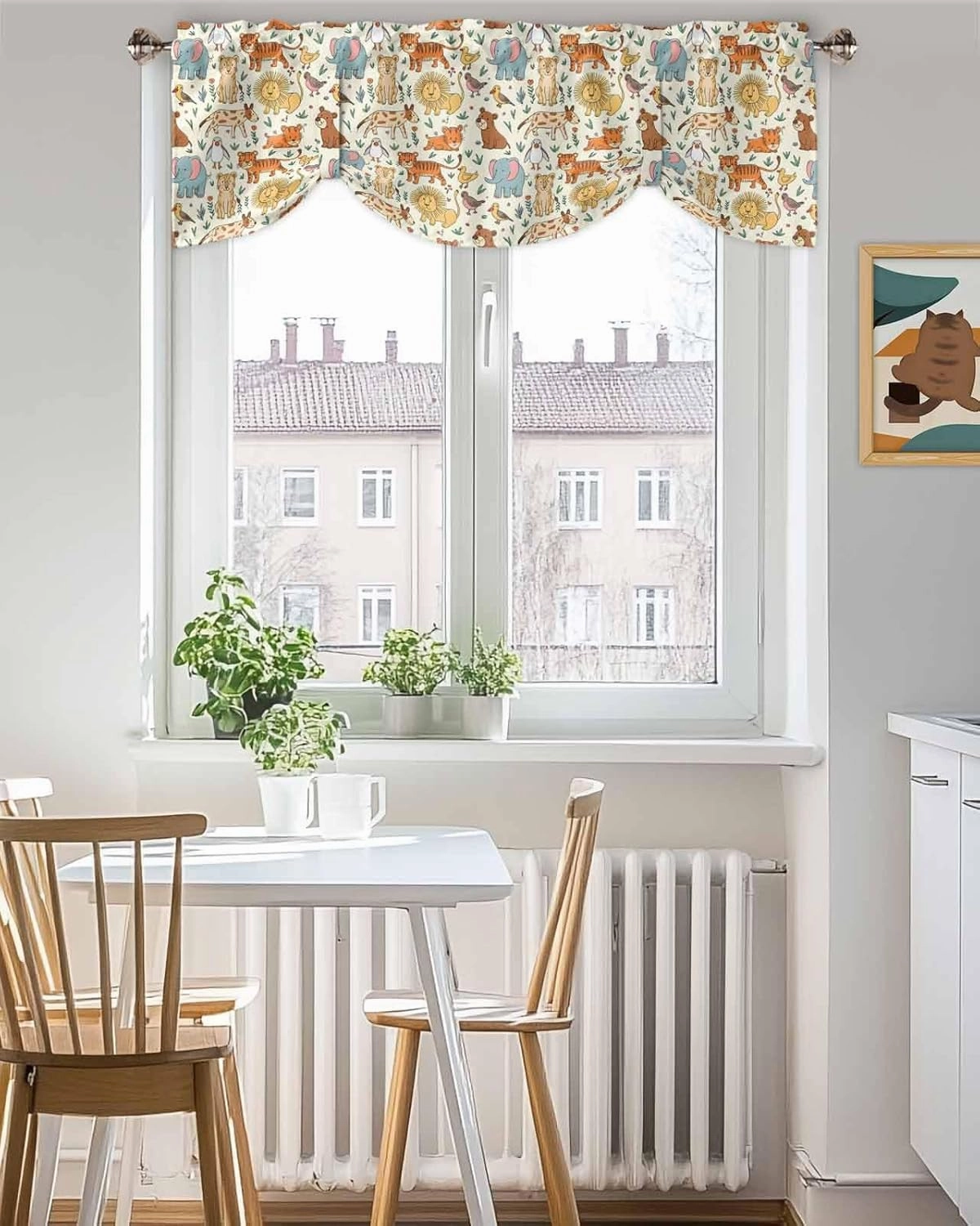 Abstract Cartoon Elephant Tiger Lion Cat Bear Tie Up Valance Curtains, Animal Focus Kitchen Light Filtering Window Treatments with 3-inch Rod Pocket for Living Room,Bedroom,42x12In
