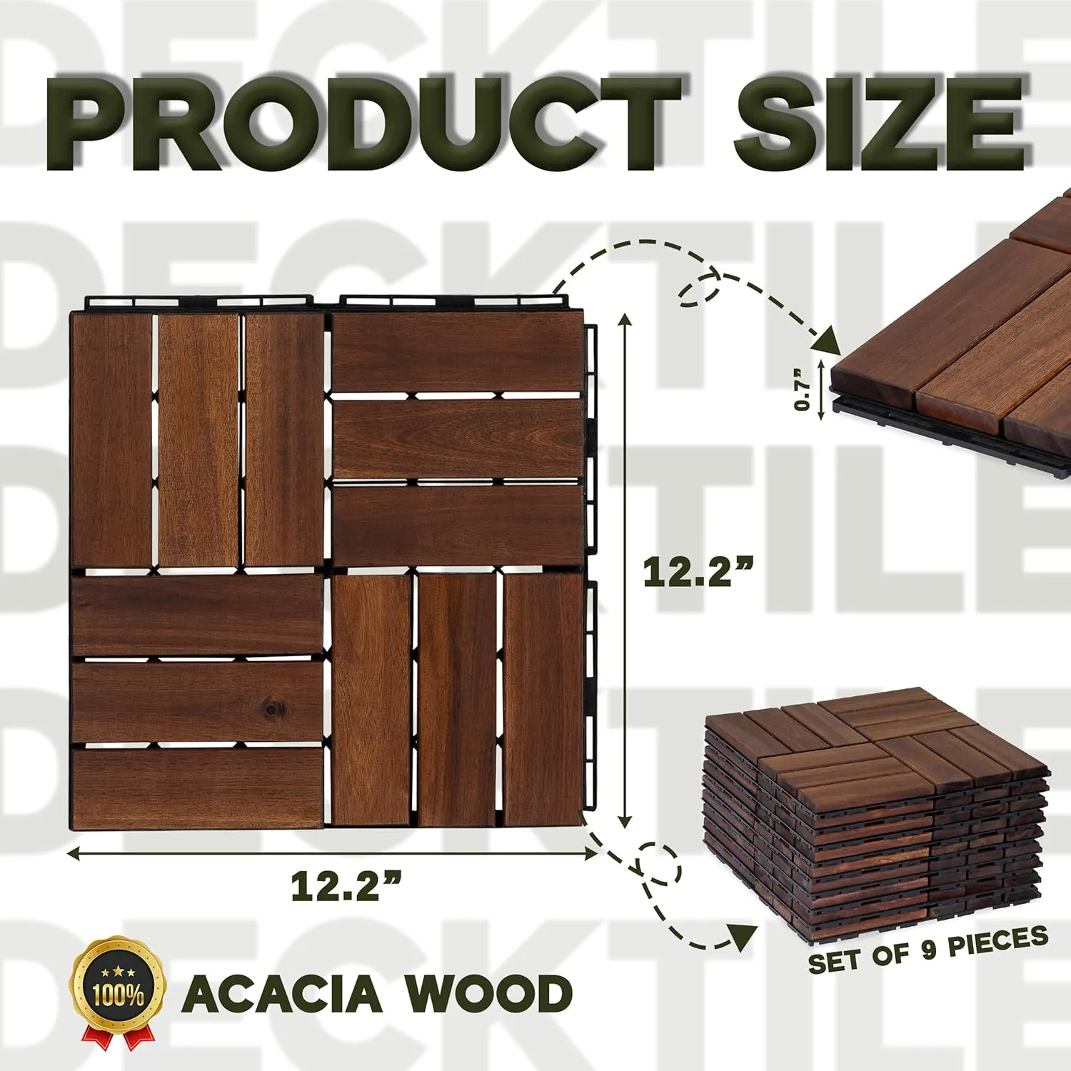 Acacia Wood Flooring Interlocking Deck Tiles for Patio Decor 9 Pcs 12 Slats VR Brown - Waterproof Indoor & Outdoor Decor - Balcony Garden Decking Tile (12.24 * 12.24 * 0.75 inches)