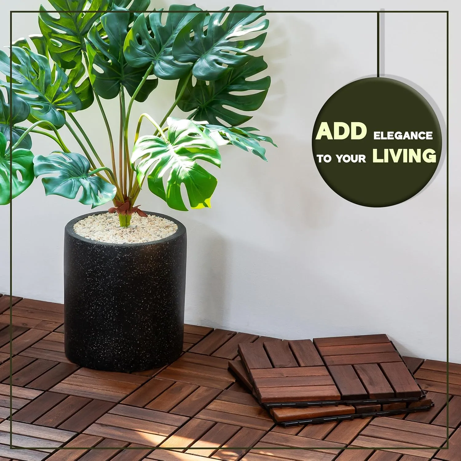 Acacia Wood Flooring Interlocking Deck Tiles for Patio Decor 9 Pcs 12 Slats VR Brown - Waterproof Indoor & Outdoor Decor - Balcony Garden Decking Tile (12.24 * 12.24 * 0.75 inches)