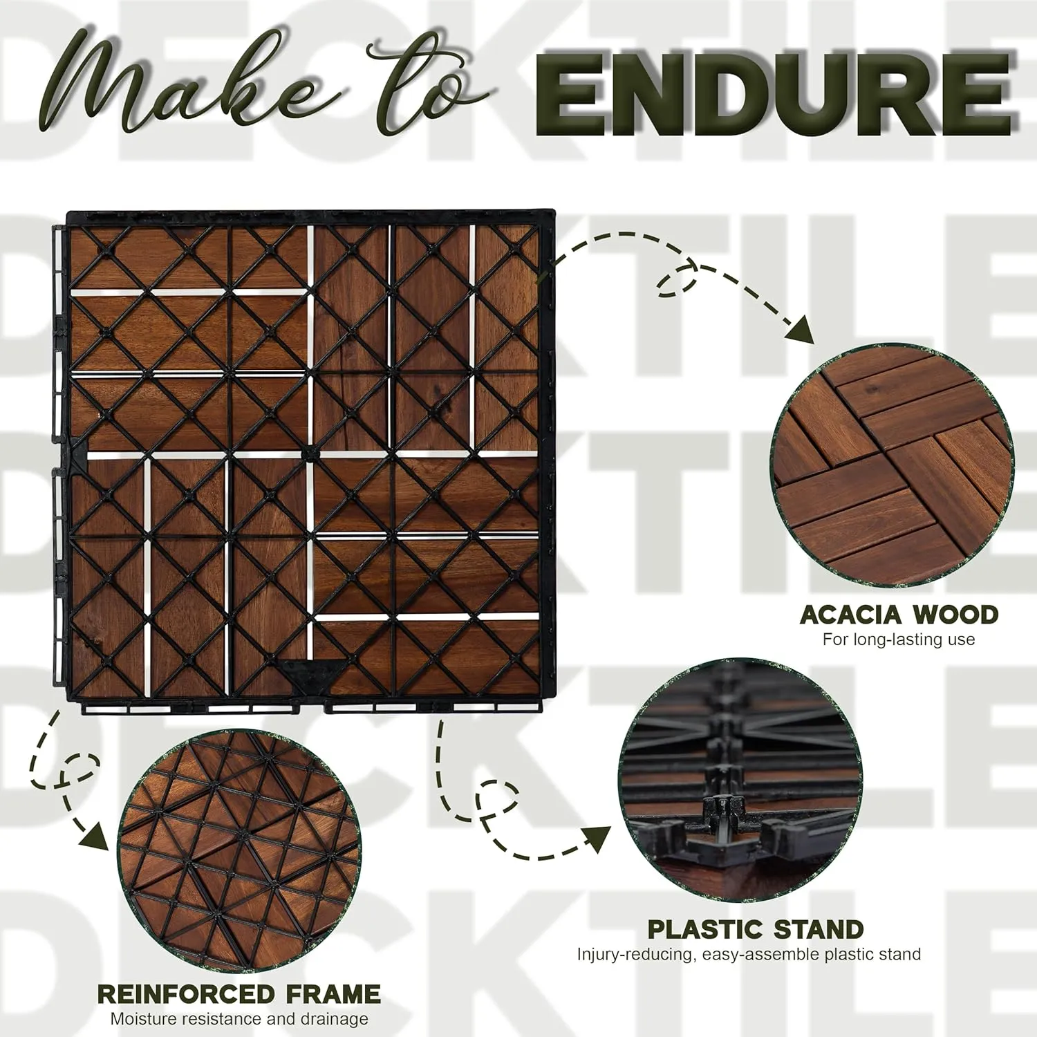 Acacia Wood Flooring Interlocking Deck Tiles for Patio Decor 9 Pcs 12 Slats VR Brown - Waterproof Indoor & Outdoor Decor - Balcony Garden Decking Tile (12.24 * 12.24 * 0.75 inches)