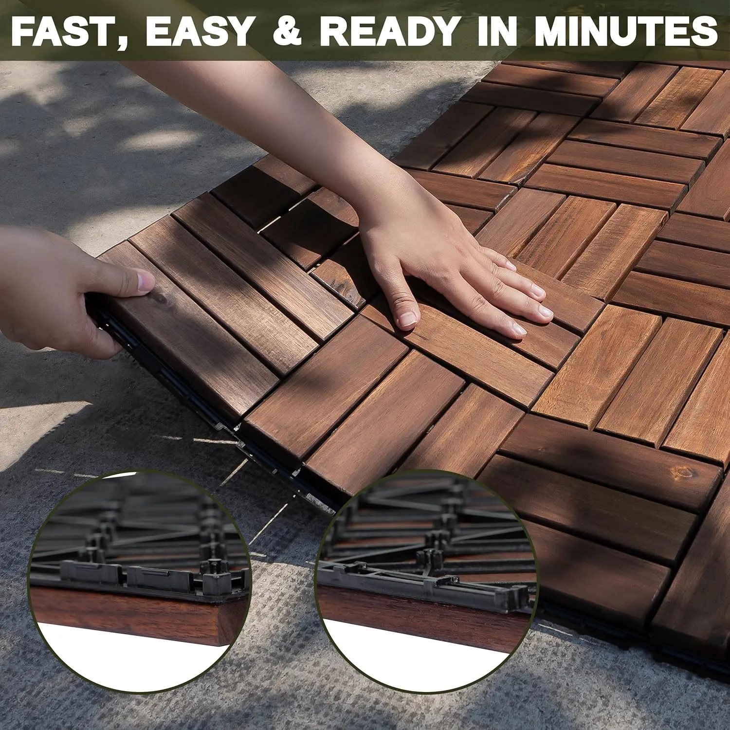 Acacia Wood Flooring Interlocking Deck Tiles for Patio Decor 9 Pcs 12 Slats VR Brown - Waterproof Indoor & Outdoor Decor - Balcony Garden Decking Tile (12.24 * 12.24 * 0.75 inches)