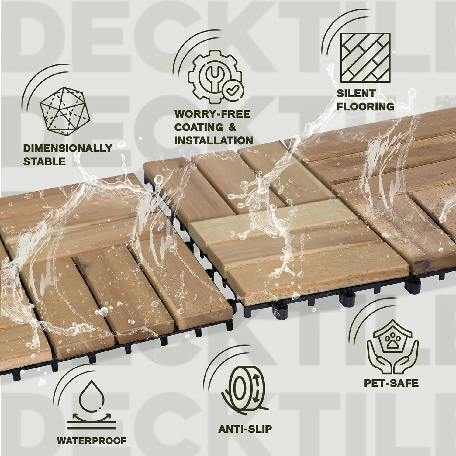 Acacia Wood Patio Deck Tiles-9 Pcs 12 Slats Interlocking Decking Tiles for Patio Decor, Waterproof Indoor & Outdoor Use, Balcony Garden Decking Tile (11.81x11.81x0.94 inches) White Oak