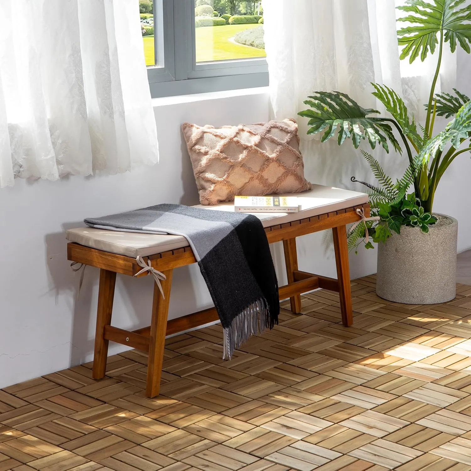 Acacia Wood Patio Deck Tiles-9 Pcs 12 Slats Interlocking Decking Tiles for Patio Decor, Waterproof Indoor & Outdoor Use, Balcony Garden Decking Tile (11.81x11.81x0.94 inches) White Oak
