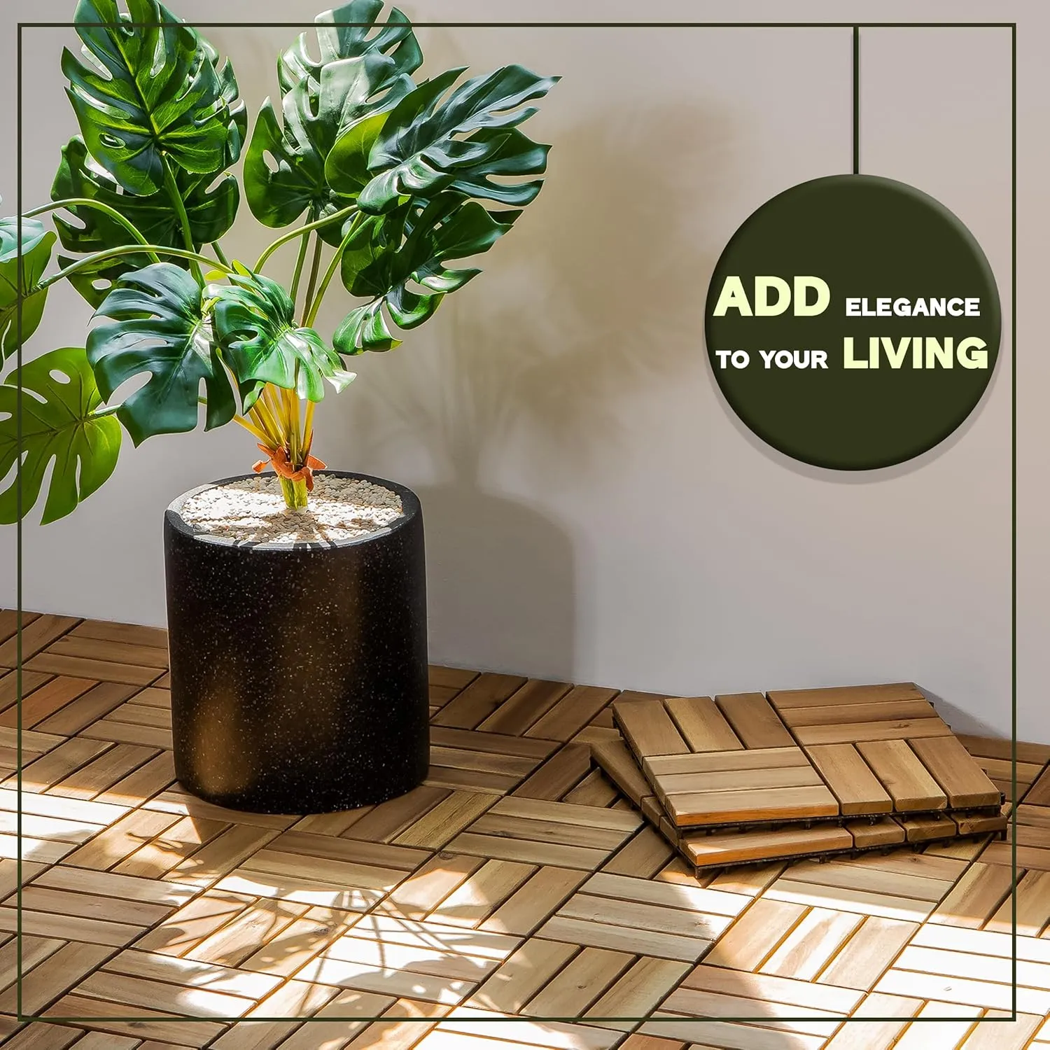 Acacia Wood Patio Deck Tiles-9 Pcs 12 Slats Interlocking Decking Tiles for Patio Decor, Waterproof Indoor & Outdoor Use, Balcony Garden Decking Tile (11.81x11.81x0.94 inches) White Oak