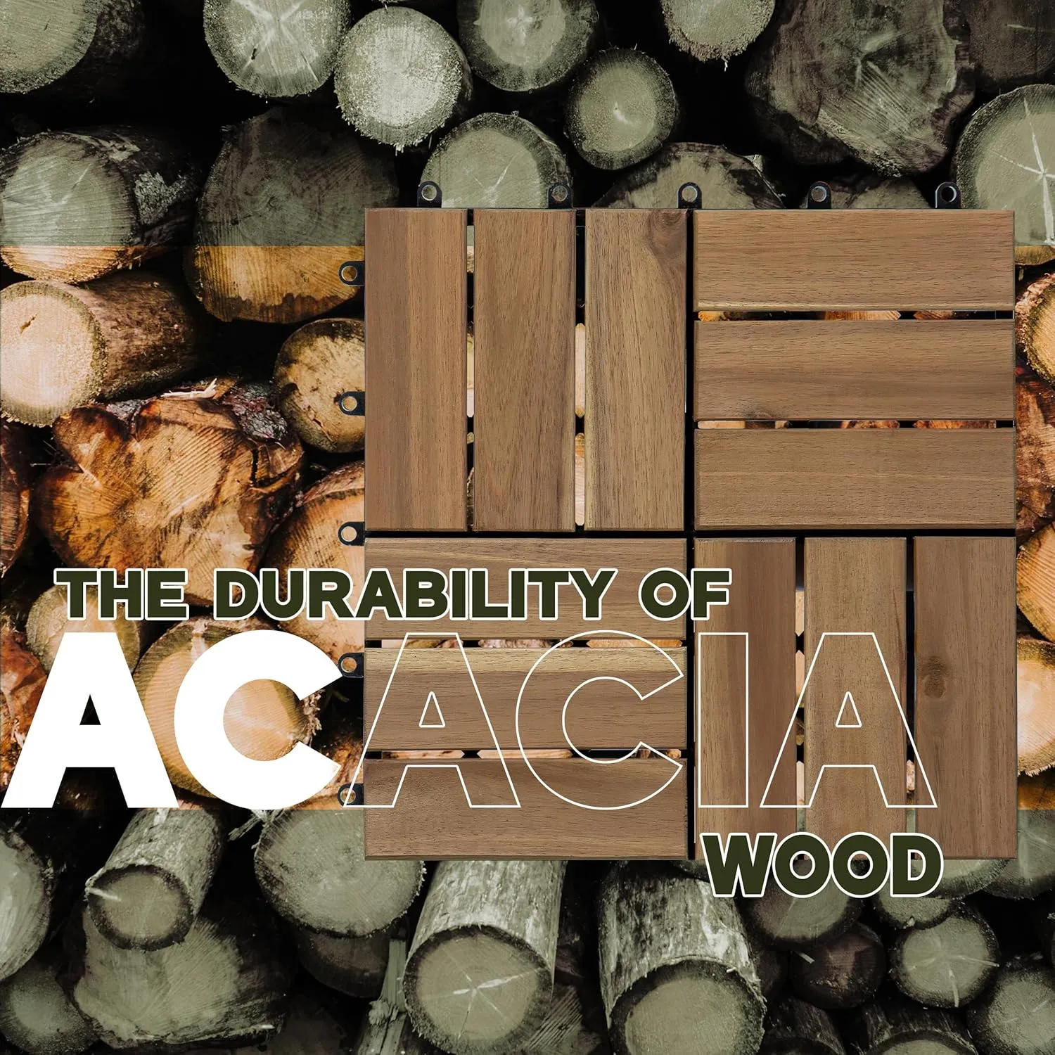 Acacia Wood Patio Deck Tiles-9 Pcs 12 Slats Interlocking Decking Tiles for Patio Decor, Waterproof Indoor & Outdoor Use, Balcony Garden Decking Tile (11.81x11.81x0.94 inches) White Oak