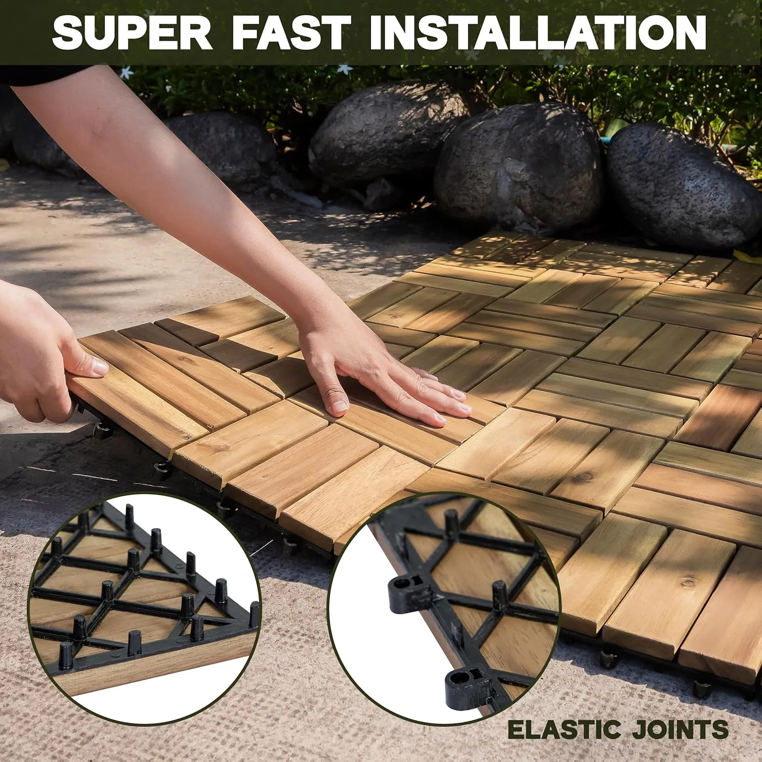 Acacia Wood Patio Deck Tiles-9 Pcs 12 Slats Interlocking Decking Tiles for Patio Decor, Waterproof Indoor & Outdoor Use, Balcony Garden Decking Tile (11.81x11.81x0.94 inches) White Oak