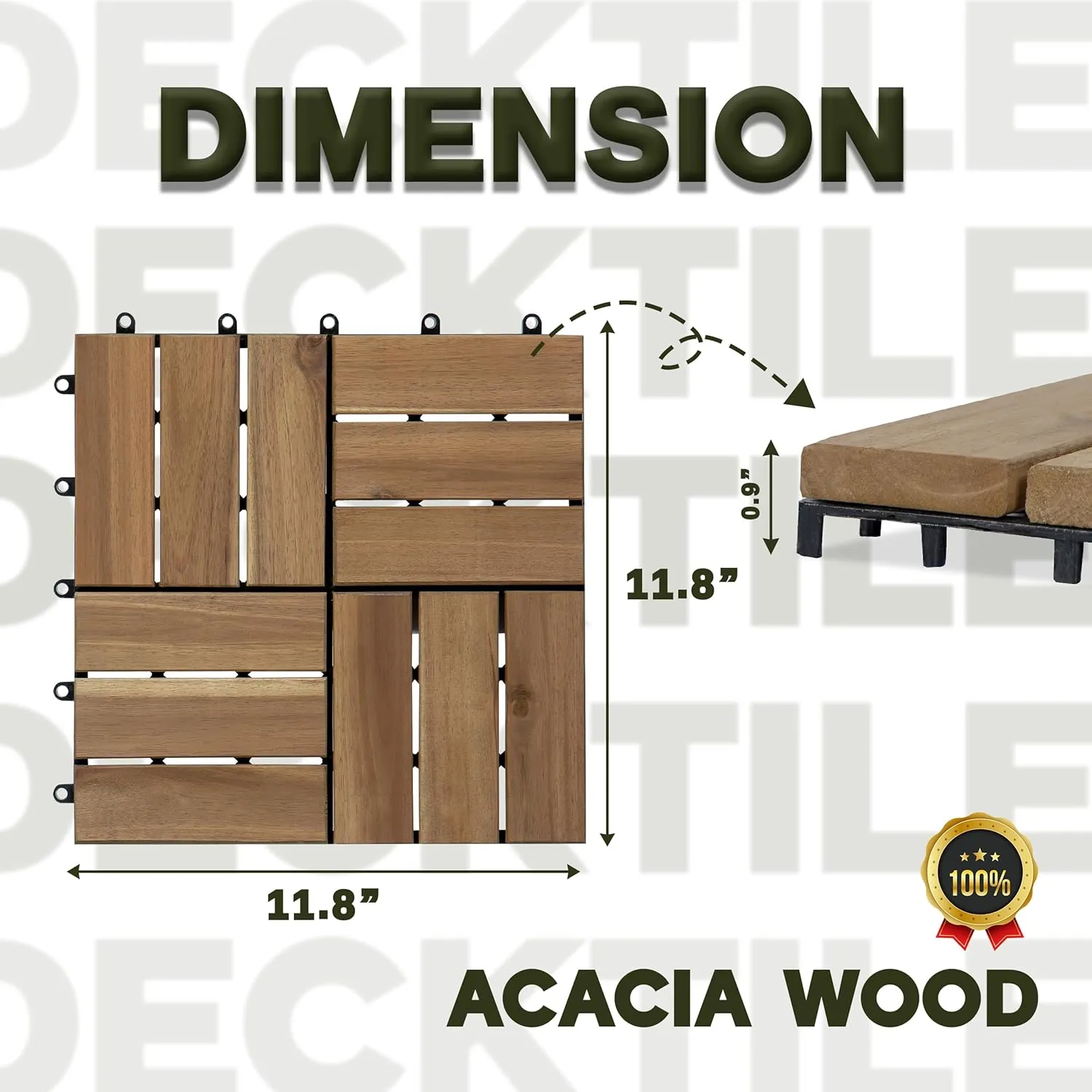 Acacia Wood Patio Deck Tiles-9 Pcs 12 Slats Interlocking Decking Tiles for Patio Decor, Waterproof Indoor & Outdoor Use, Balcony Garden Decking Tile (11.81x11.81x0.94 inches) White Oak