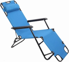 Adjustable Reclining Lounge Chair with Pillow, Headrest, Footrest, for Beach, Pool, Patio, Camping, Blue