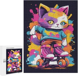 Adult Jigsaw Puzzle 500 Pieces Skateboarding with Cat Adult Colorful Animals Series Creative Jigsaw Puzzle Colorful Animals Jigsaw Puzzle Challenge Home Decor Art Or Gift