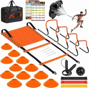Agility Speed Training Equipment Set - 20ft Speed Ladder, 12 Cones, 4 Adjustable Hurdles, Jump Rope, Parachute | Ideal for Basketball, Football, Soccer, for Kids, Youth, Adults