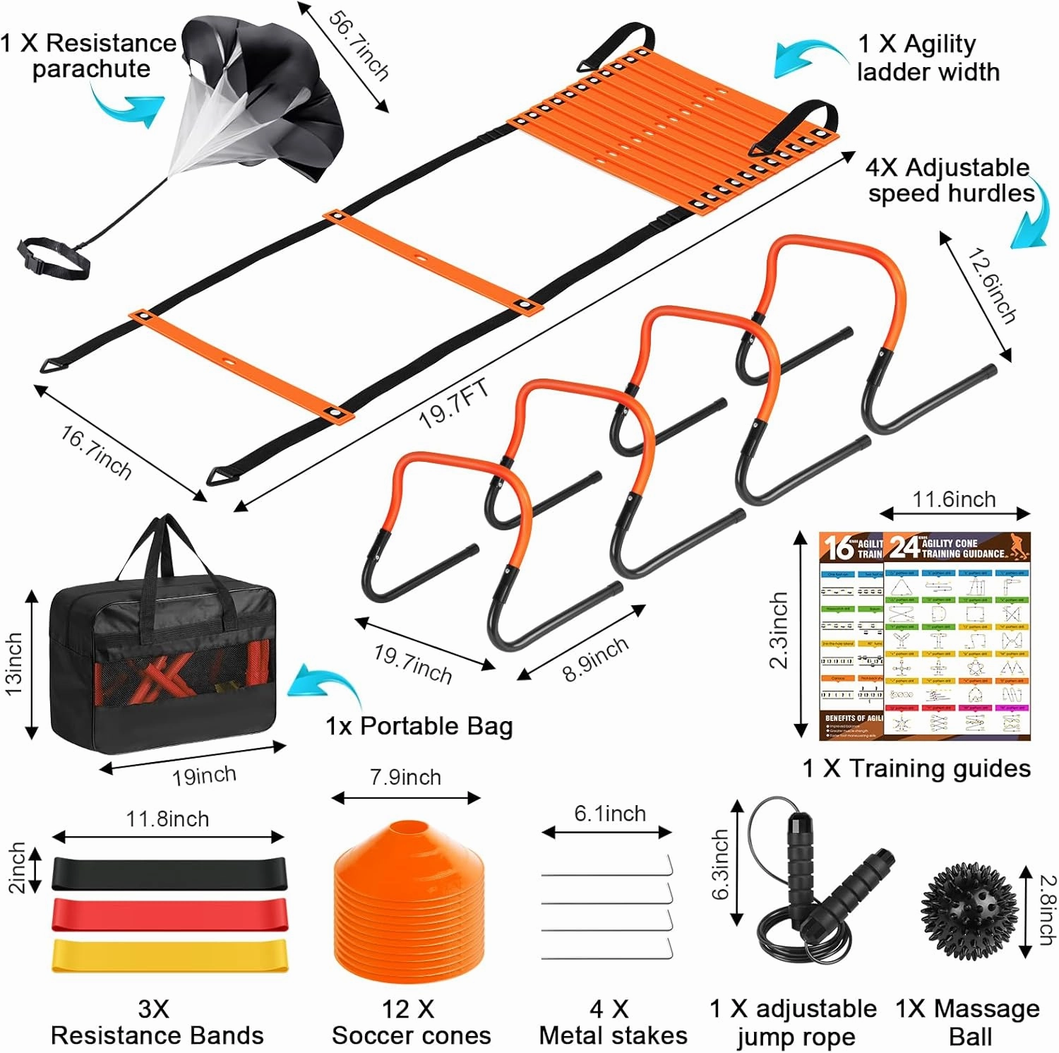Agility Speed Training Equipment Set - 20ft Speed Ladder, 12 Cones, 4 Adjustable Hurdles, Jump Rope, Parachute | Ideal for Basketball, Football, Soccer, for Kids, Youth, Adults