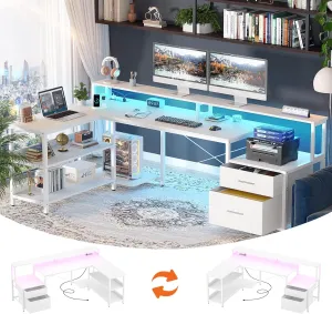 Aheaplus L Shaped Desk with Power Outlet, Reversible L Shaped Computer Desk with File Drawer & Monitor Stand, Gaming Desks with LED Strip, Home Office Desk with Storage Shelf, White