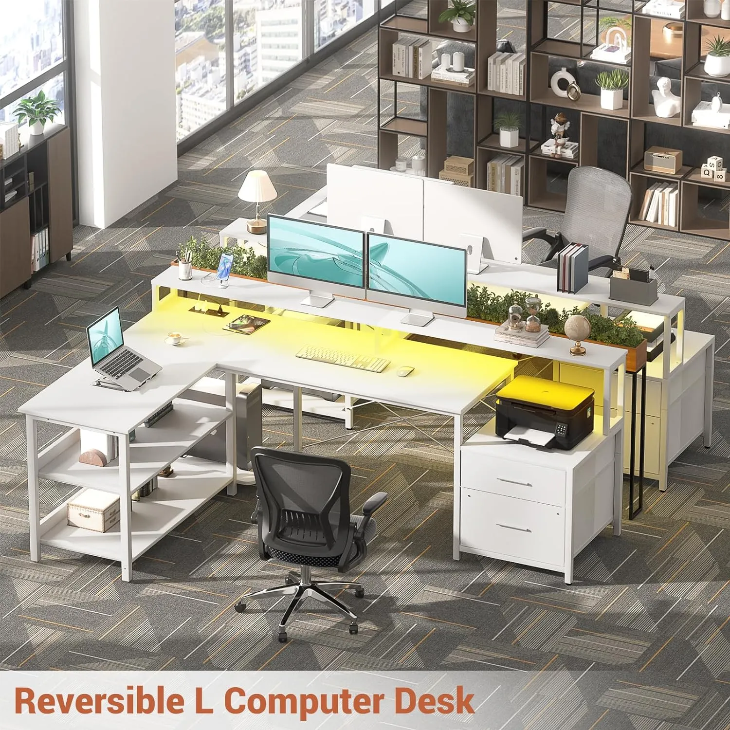 Aheaplus L Shaped Desk with Power Outlet, Reversible L Shaped Computer Desk with File Drawer & Monitor Stand, Gaming Desks with LED Strip, Home Office Desk with Storage Shelf, White