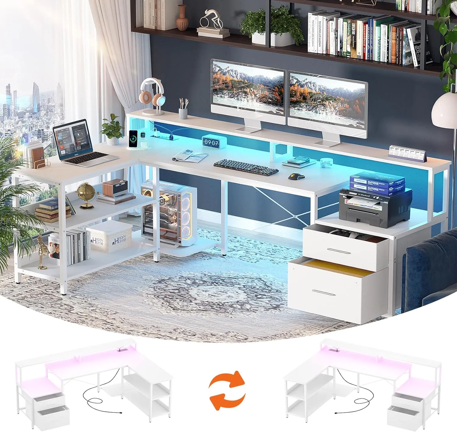 Aheaplus L Shaped Desk with Power Outlet, Reversible L Shaped Computer Desk with File Drawer & Monitor Stand, Gaming Desks with LED Strip, Home Office Desk with Storage Shelf, White